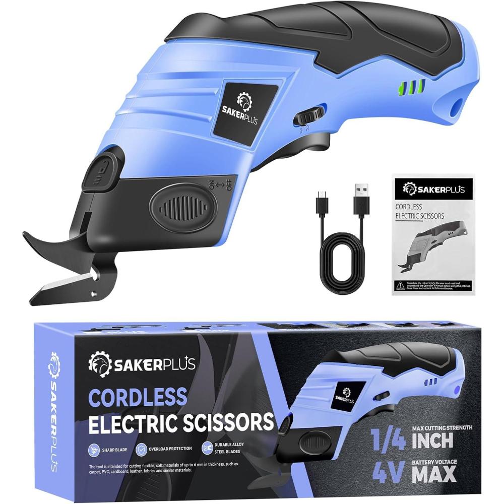 image:imageCordless Electric Scissors Fabric Scissors Powerful Pinking Shears Rechargeable Cardboard Cutter BlueBox1 Tungsten Steel Bladebluebox1 tungsten steel blade