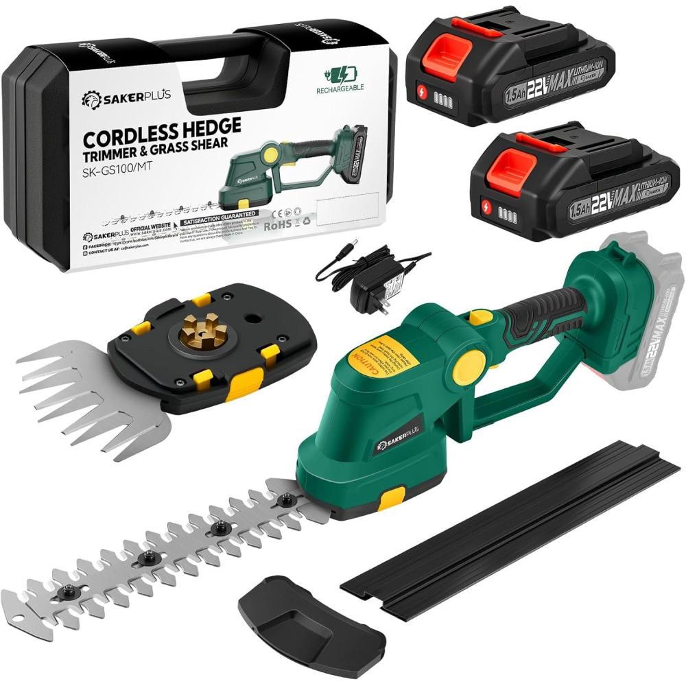 image:imageCordless Hedge Trimmer 2in1 Electric Bush Trimmer and Handheld Grass Cutter 22V Lightweight Mini Shrub Trimmer Grass Clippers with 1 Battery and Charger Perfect Gardening Yard ToolsGreen  2 Batteries