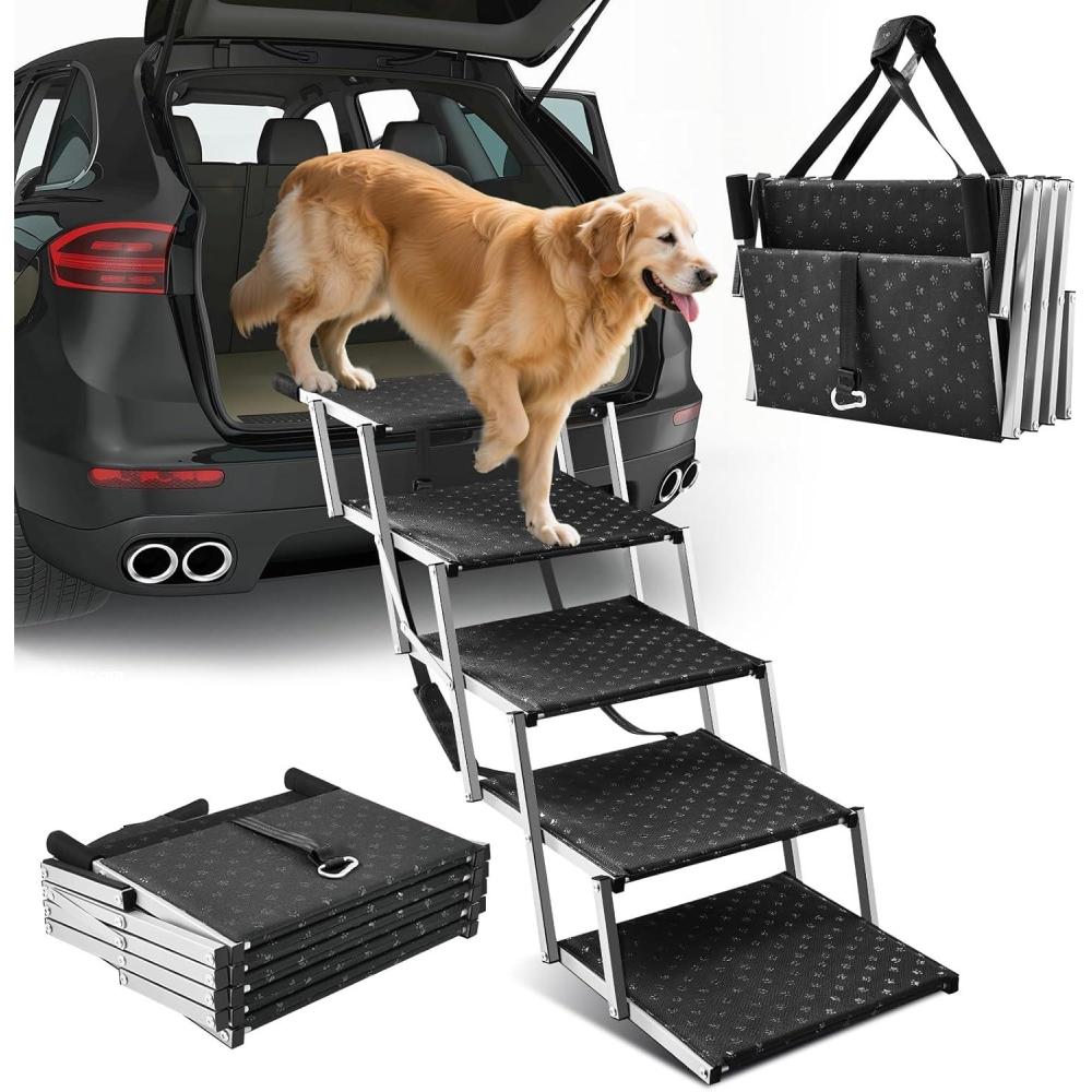 image:imageDog Ramps for Car 177inch Wide Foldable Dog Stairs with Non Slip Surface Portable Pet Steps for SUV High Beds Truck Support Up to 200lb 5 Steps