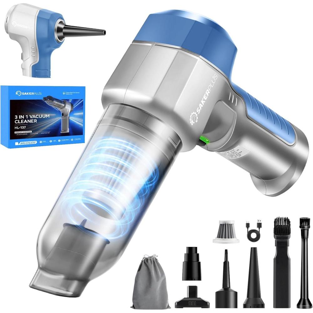 image:imageMini Vacuum Cleaner 3 in 1 Car Vacuum Cleaner High Power 15000PA Powerful Suction Air Duster 7500mAh Dual FilterAdjustable Small Vaccum Portable Cordless for CarsDesktopHome  HL137Light Blue and Silver