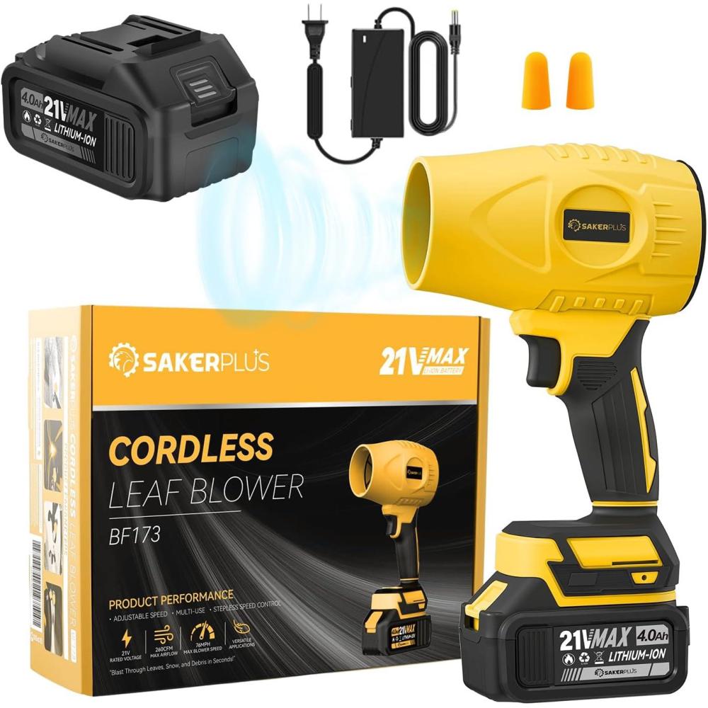 image:imagePortable Dust Cleaner Cordless Leaf Blower with 2 Batteries 21V 40Ah Electric Handheld Blower 3Speed AdjustableMini Lightweight Leaf Blower for Yard Patio Garage Car GreenYellow