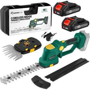 Cordless Hedge Trimmer, 2-in-1 Electric Bush Trimmer and Handheld Grass Cutter, 22V Lightweight Mini Shrub Trimmer Grass Clippers with 1 Battery and Charger, Perfect Gardening Yard Tools(Green – 2 Batteries)