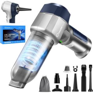 Mini Vacuum Cleaner, 3 in 1 Car Vacuum Cleaner High Power, 15000PA Powerful Suction, Air Duster, 7500mAh, Dual Filter,Adjustable Small Vaccum Portable Cordless for Cars,Desktop,Home – HL137(Deep Blue and Silver)