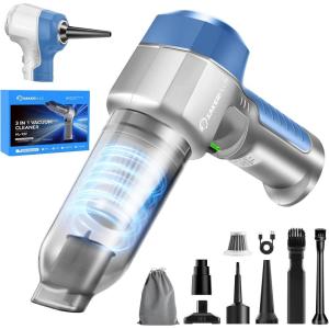 Mini Vacuum Cleaner, 3 in 1 Car Vacuum Cleaner High Power, 15000PA Powerful Suction, Air Duster, 7500mAh, Dual Filter,Adjustable Small Vaccum Portable Cordless for Cars,Desktop,Home – HL137(Light Blue and Silver)