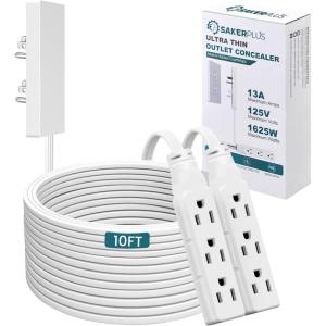 Outlet Concealer Power Strip-Outlet Cover Extender with 3AC Outlets-5ft Flat Plug Extension Cord,Universal Size,1625W for Kitchen, Home and Office,Child & Pet Safe(Dual 5 Foot)(dual 10ft (AC ports))