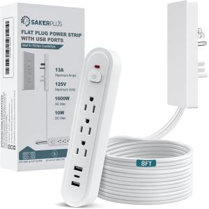 Outlet Concealer Power Strip-Outlet Cover Extender with 3AC Outlets-5ft Flat Plug Extension Cord,Universal Size,1625W for Kitchen, Home and Office,Child & Pet Safe(Dual 5 Foot)(8ft (USB & AC ports))