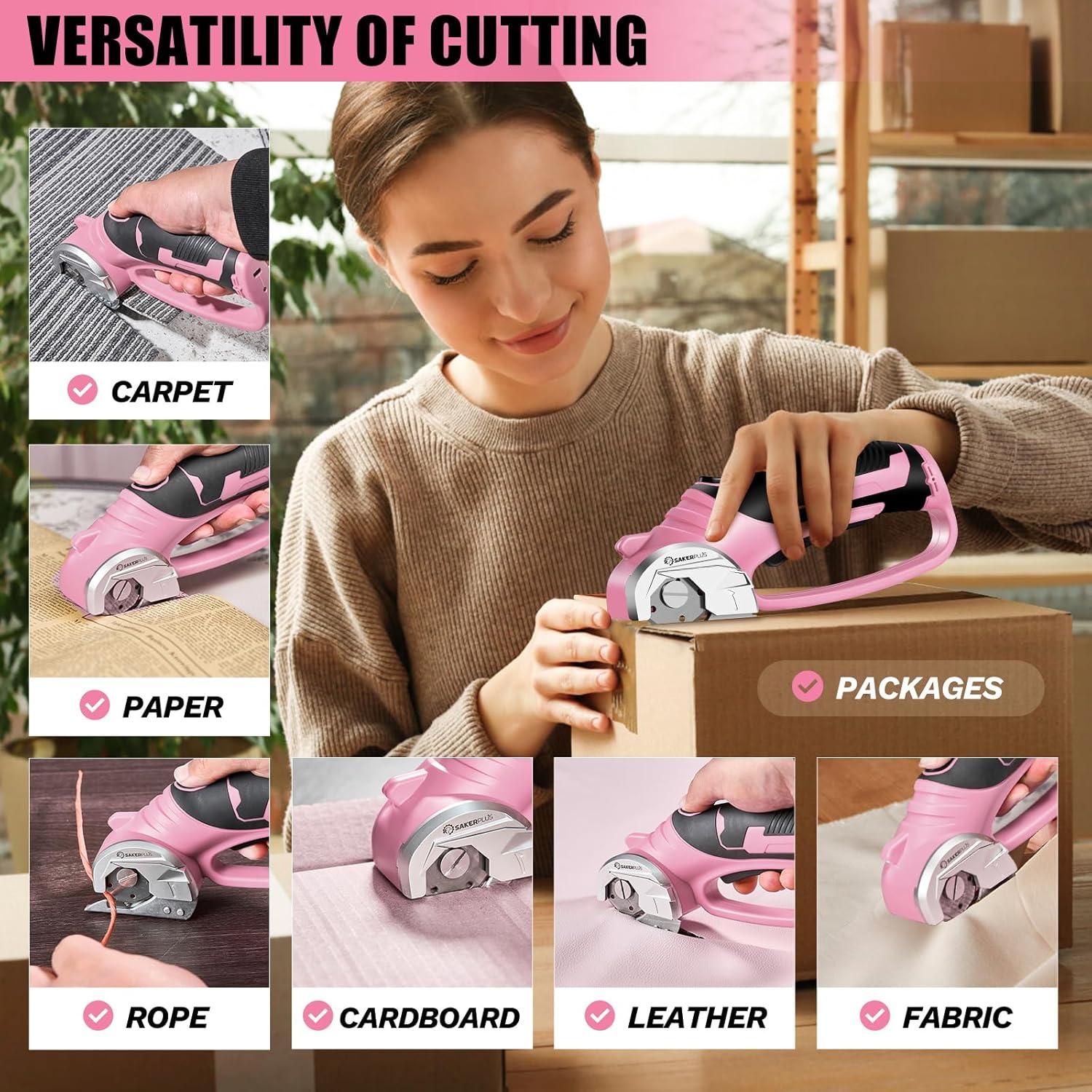image:imageCordless Electric Scissors 4V Rechargeable Cardboard Cutter Cordless Box Cutter Powerful Cardboard Scissors with Blade LED Light Safety Lock for Cutting Fabric LeatherBoxed Rotary Cutter Pink