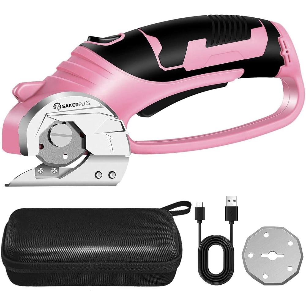 image:imageCordless Electric Scissors 4V Rechargeable Cardboard Cutter Cordless Box Cutter Powerful Cardboard Scissors with Blade LED Light Safety Lock for Cutting Fabric LeatherRotary Cutter with Carrying Case Pink