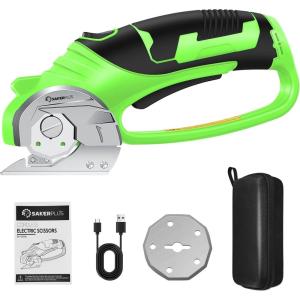 Cordless Electric Scissors, 4V Rechargeable Cardboard Cutter, Cordless Box Cutter, Powerful Cardboard Scissors with Blade, LED Light, Safety Lock for Cutting Fabric Leather(Rotary Cutter with Carrying Case(Light Green))