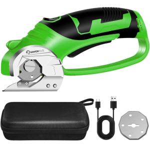 Cordless Electric Scissors, 4V Rechargeable Cardboard Cutter, Cordless Box Cutter, Powerful Cardboard Scissors with Blade, LED Light, Safety Lock for Cutting Fabric Leather(Rotary Cutter with Carrying Case (Green))