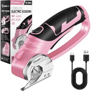 Cordless Electric Scissors, 4V Rechargeable Cardboard Cutter, Cordless Box Cutter, Powerful Cardboard Scissors with Blade, LED Light, Safety Lock for Cutting Fabric Leather(Boxed Rotary Cutter (Pink))