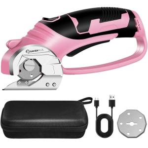Cordless Electric Scissors, 4V Rechargeable Cardboard Cutter, Cordless Box Cutter, Powerful Cardboard Scissors with Blade, LED Light, Safety Lock for Cutting Fabric Leather(Rotary Cutter with Carrying Case (Pink))