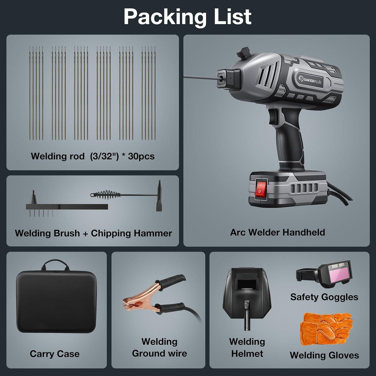 image:imageSakerplus Portable Welding Machine Handheld Welder Machine 110V ARC Portable Welder with IGBT Inverter 5 Variable Current Adjustment 30pcs 332 Wire Rods Welding Helmet Carring Case IncludedGrey 30pc Wire Rods Glove Safety Goggle Included