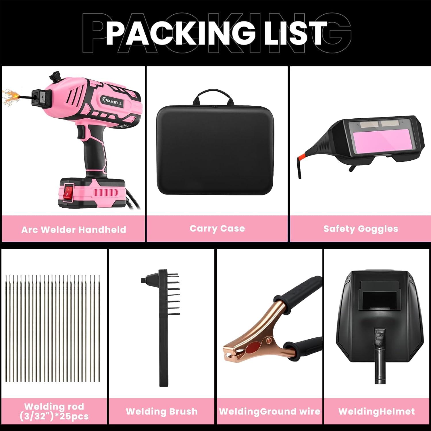 image:imageSakerplus Portable Welding Machine Handheld Welder Machine 110V ARC Portable Welder with IGBT Inverter 5 Variable Current Adjustment 30pcs 332 Wire Rods Welding Helmet Carring Case IncludedPink 25pc Wire Rods
