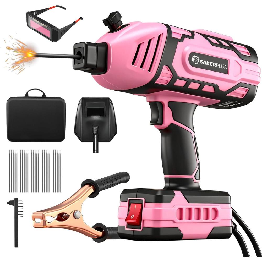 image:imageSakerplus Portable Welding Machine Handheld Welder Machine 110V ARC Portable Welder with IGBT Inverter 5 Variable Current Adjustment 30pcs 332 Wire Rods Welding Helmet Carring Case IncludedPink 25pc Wire Rods