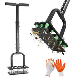 Sakerplus Aerator Lawn Tool, Spike Lawn Aerator with Auto-Return Self-Cleaning Tines, Anti-Fatigue Comfort Pad, Reinforced Anti-Breakage Joints, 15 Steel Tines for Garden Healthy Grass Aeration-Orange(Pro-Black Handle)