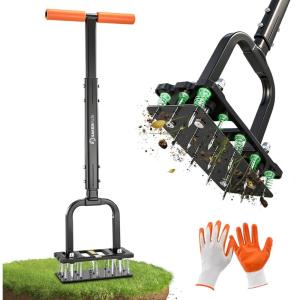 Sakerplus Aerator Lawn Tool, Spike Lawn Aerator with Auto-Return Self-Cleaning Tines, Anti-Fatigue Comfort Pad, Reinforced Anti-Breakage Joints, 15 Steel Tines for Garden Healthy Grass Aeration-Orange(Pro-Orange Handle)
