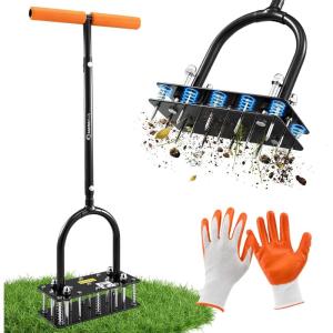 Sakerplus Aerator Lawn Tool, Spike Lawn Aerator with Auto-Return Self-Cleaning Tines, Anti-Fatigue Comfort Pad, Reinforced Anti-Breakage Joints, 15 Steel Tines for Garden Healthy Grass Aeration-Orange(Orange Handle)